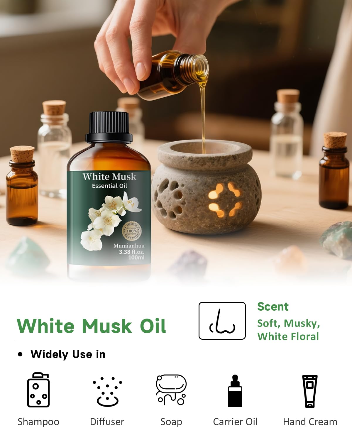 Mumianhua White Musk Oil 100% Pure – Therapeutic Grade Essential Oil for Diffusers, Skin & Body Care (3.38 fl oz)