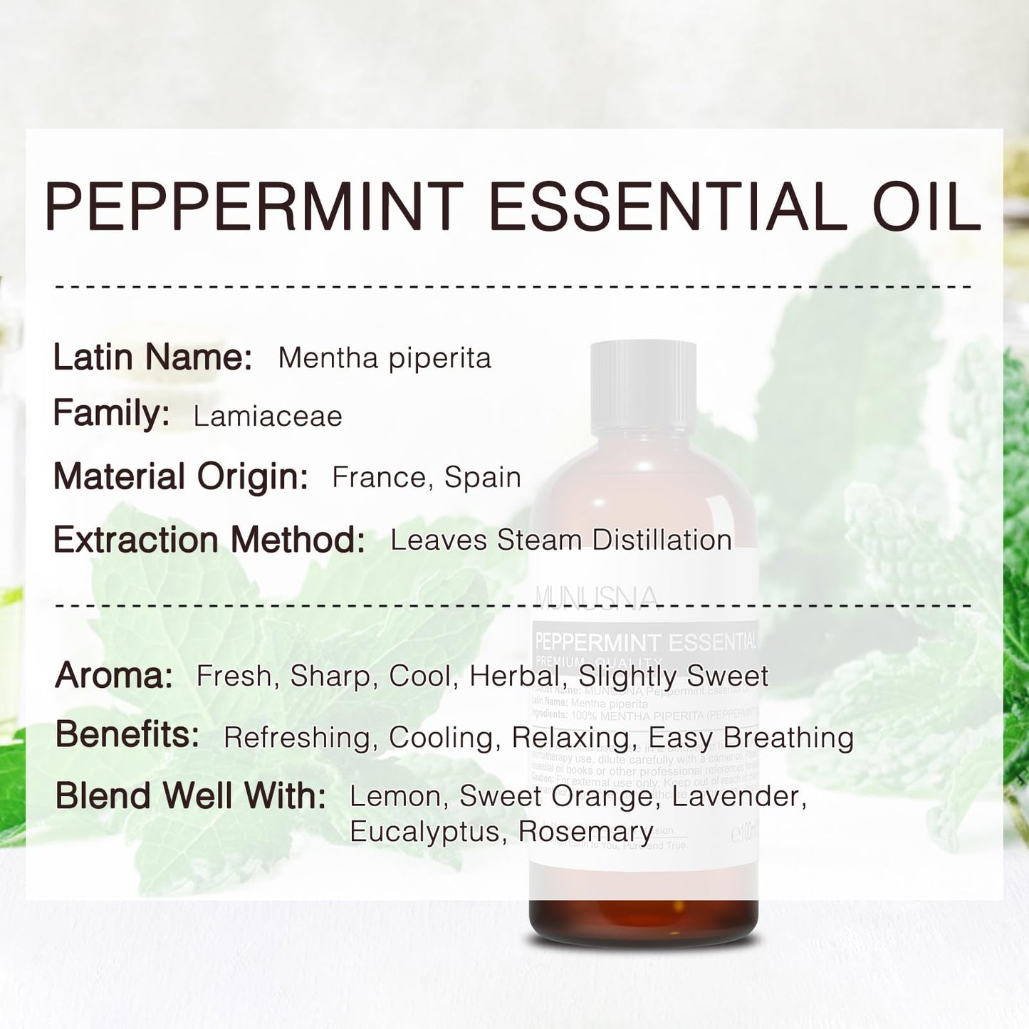 MUNUSNA Peppermint Essential Oil 100% Pure & Natural - 100ML | Aromatherapy, Diffuser, Skin & Hair Care
