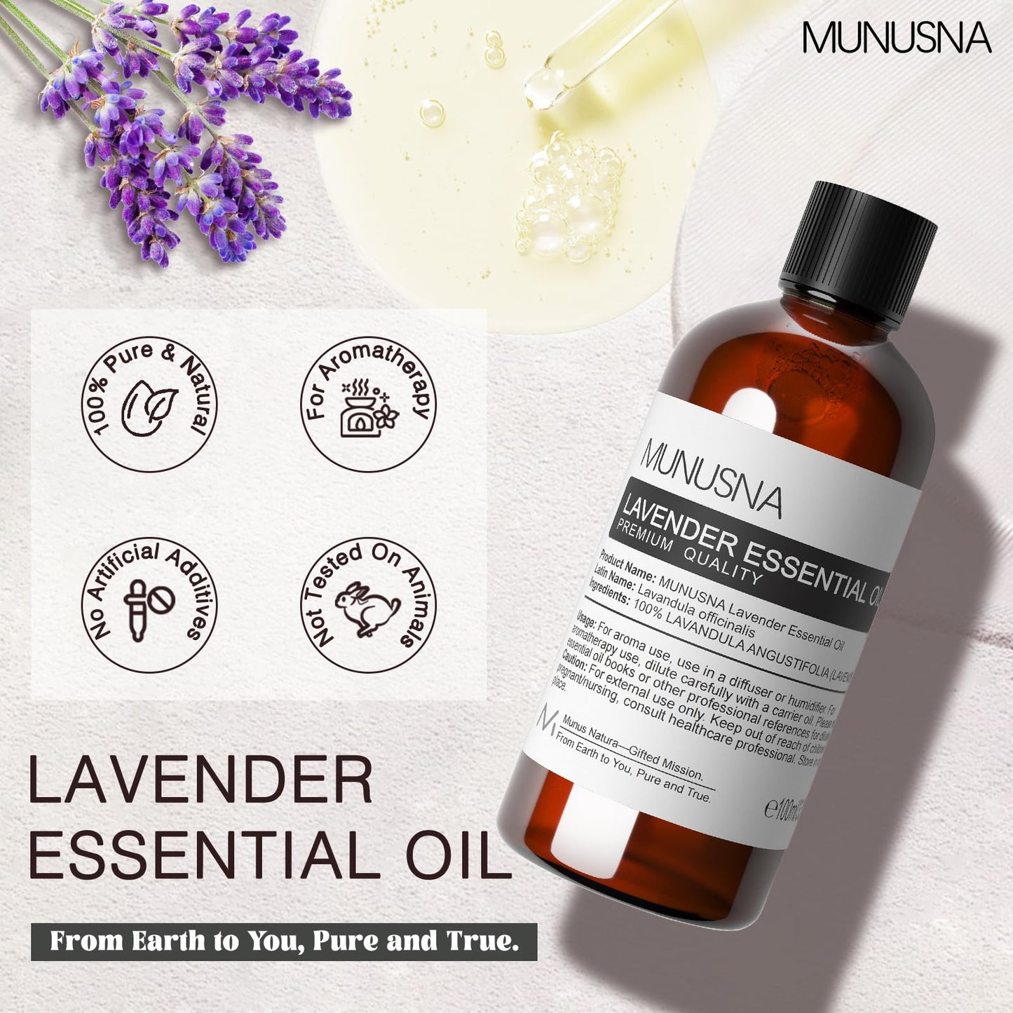 MUNUSNA Lavender Essential Oil, Pure & Natural Lavender Oil 100ML, Premium Grade Essential Oils for Hair, Body, Skin, Aromatherapy Diffuser, Meditation, Massage, Home, Candle, Soap, Bath Bombs Making