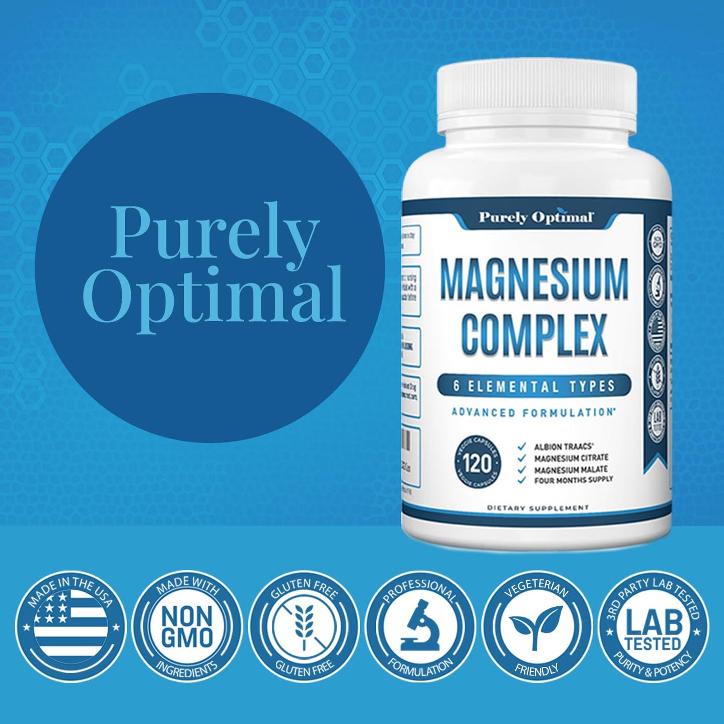 Purely Optimal Magnesium Complex — 6 Forms (Glycinate, Citrate & Malate) | Sleep, Stress & Muscle Support | 120 Caps