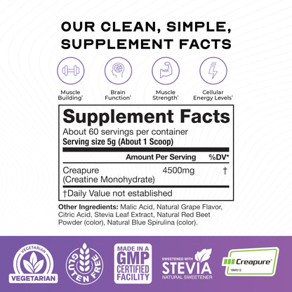 Muscle Feast Creapure Creatine Monohydrate Powder - Natural Grape, 300g, 60 Servings, Vegan Gluten-Free