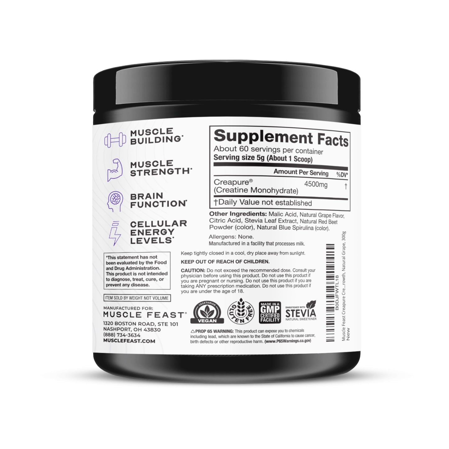Muscle Feast Creapure Creatine Monohydrate Powder - Natural Grape, 300g, 60 Servings, Vegan Gluten-Free