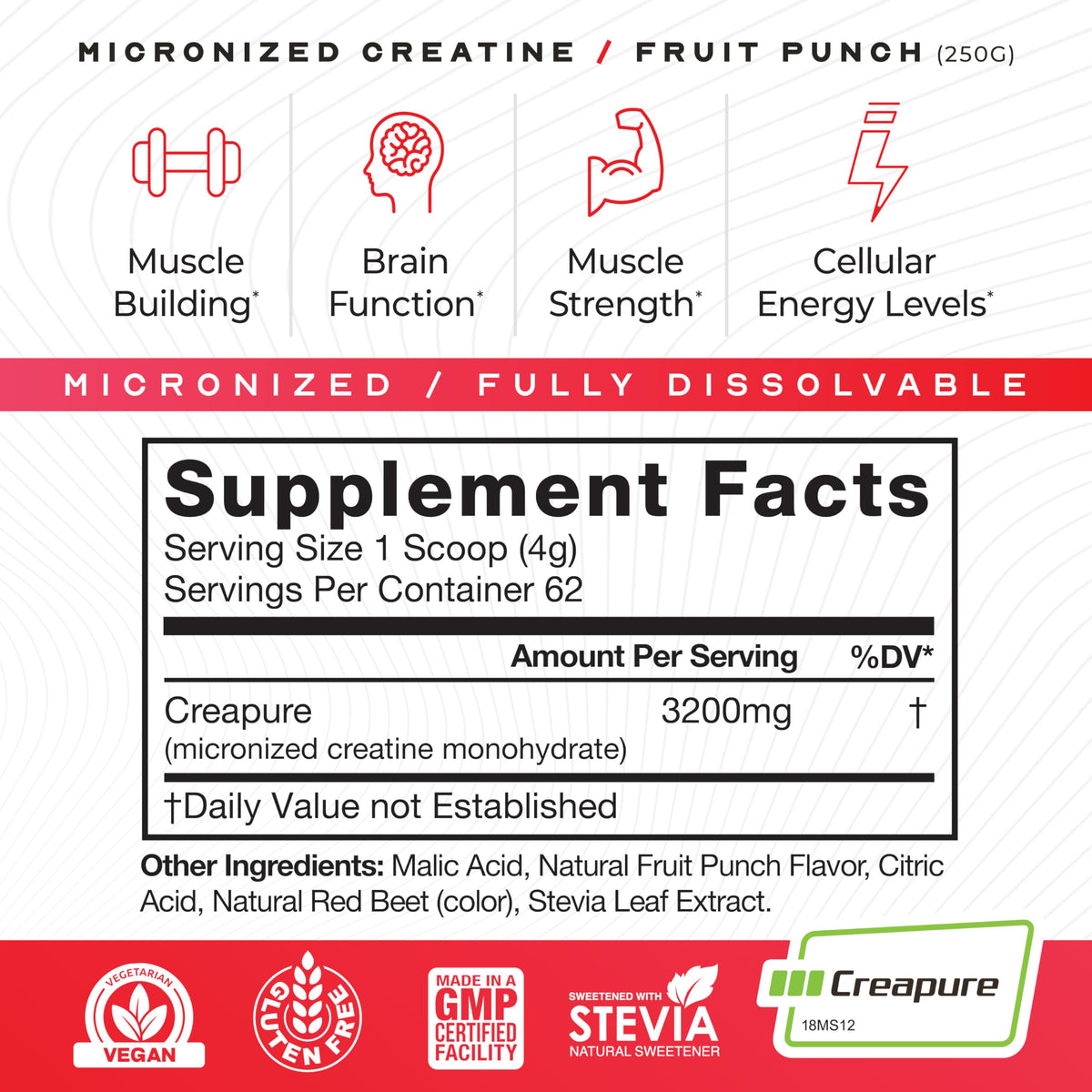 Muscle Feast Creapure Micronized Creatine Monohydrate Powder – Fruit Punch, 250g | Easy Mix, Gluten-Free, Pure German Creatine BritishVita | Premium UK Vitamins & Wellness Supplements