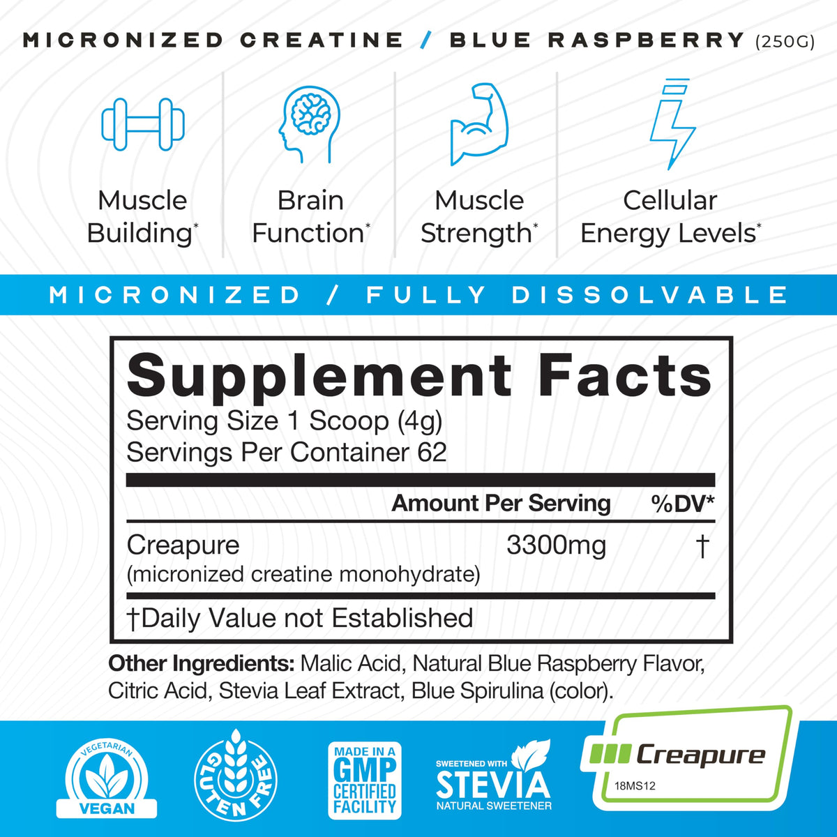 Muscle Feast Creapure Creatine Monohydrate Powder – Blue Raspberry, 250g BritishVita | Premium UK Vitamins & Wellness Supplements