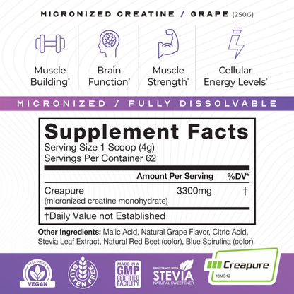 Muscle Feast Creapure Micronized Creatine Monohydrate Powder – Grape, 250g | Easy Mix, Gluten-Free BritishVita | Premium UK Vitamins & Wellness Supplements