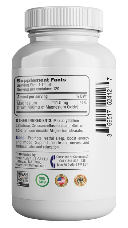 Magnesium 400mg High Potency – USA Made Magnesium Oxide, 120 Tablets
