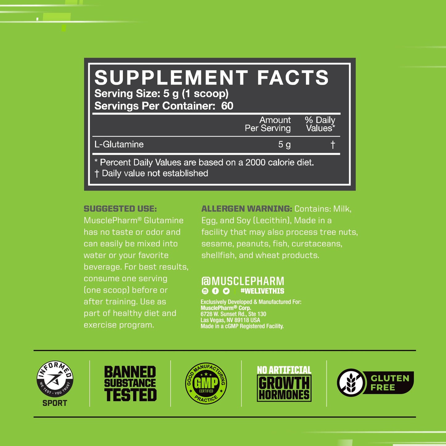 MusclePharm Glutamine Powder – 5g L-Glutamine, 60 Servings, Unflavored