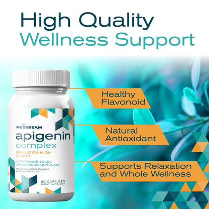 Musebeam Apigenin Supplement for Rest and Relaxation Support - 50mg Apigenin per Capsule with Magnesium Glycinate 275mg, L-Theanine 100mg, GABA 100mg - 98% Ultra-High Purity