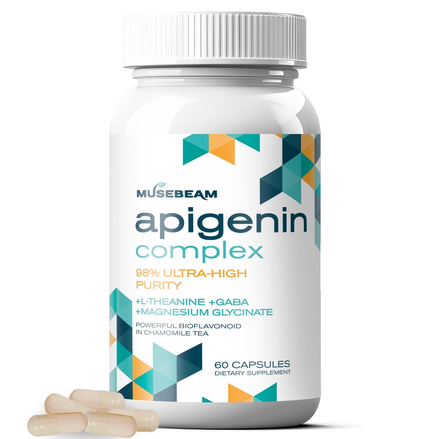 Musebeam Apigenin Supplement for Rest and Relaxation Support - 50mg Apigenin per Capsule with Magnesium Glycinate 275mg, L-Theanine 100mg, GABA 100mg - 98% Ultra-High Purity