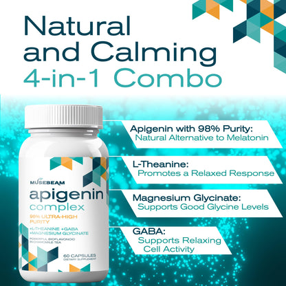 Musebeam Apigenin Supplement for Rest and Relaxation Support - 50mg Apigenin per Capsule with Magnesium Glycinate 275mg, L-Theanine 100mg, GABA 100mg - 98% Ultra-High Purity