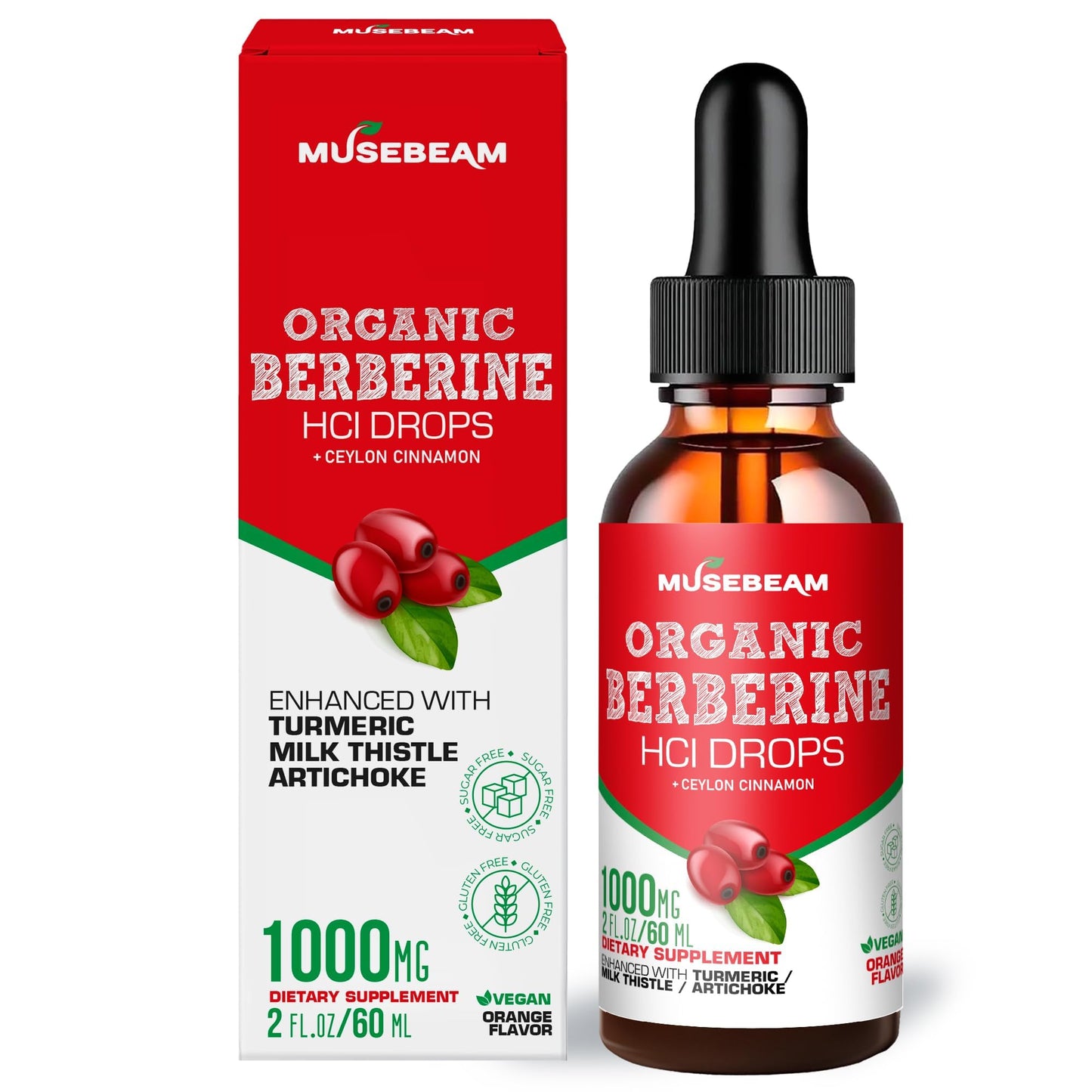 Musebeam Berberine HCL Drops 1000mg – 5-in-1 Cinnamon, Turmeric, Milk Thistle & Artichoke | Vegan, Sugar-Free, Gluten-Free 2 fl oz