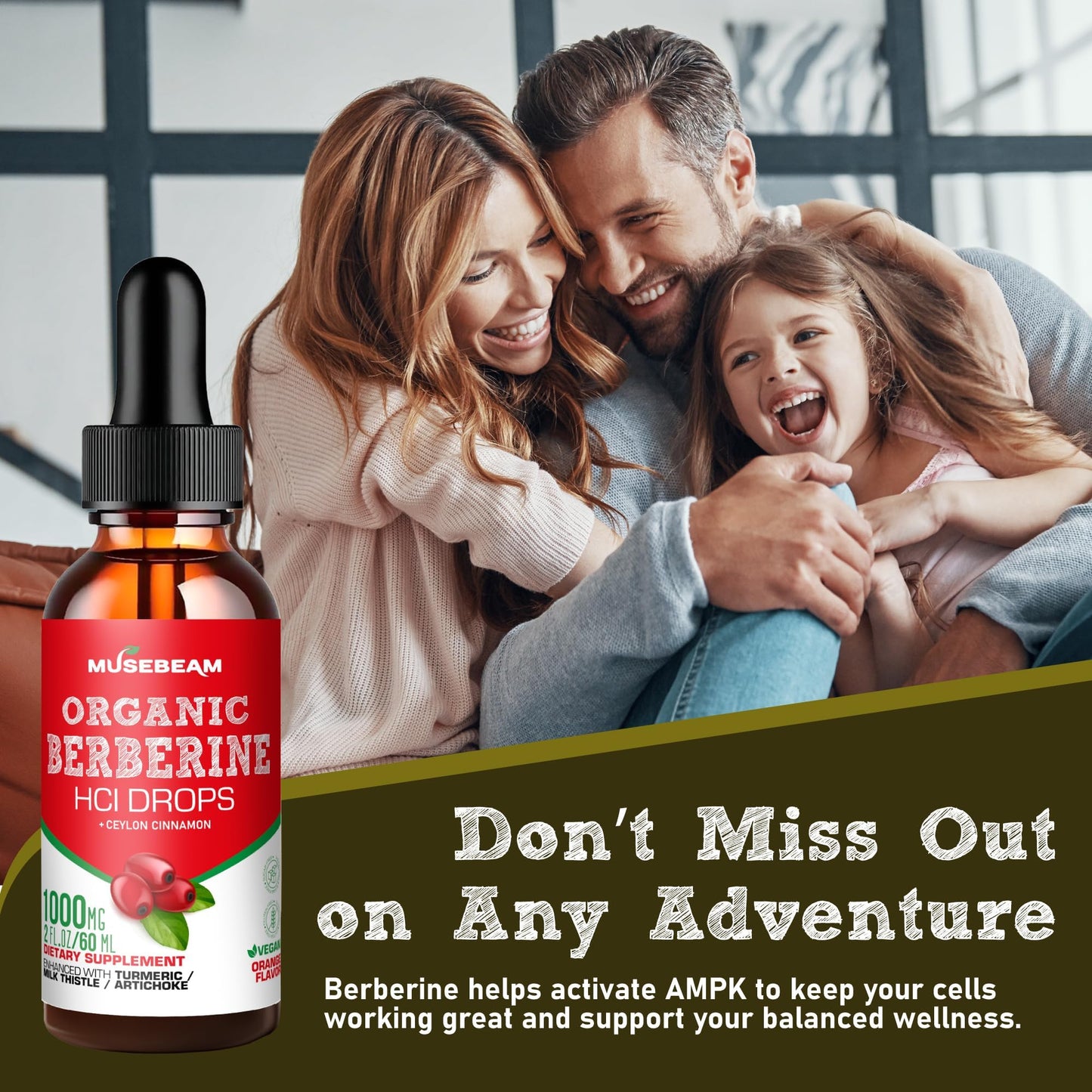 Musebeam Berberine HCL Drops 1000mg – 5-in-1 Cinnamon, Turmeric, Milk Thistle & Artichoke | Vegan, Sugar-Free, Gluten-Free 2 fl oz
