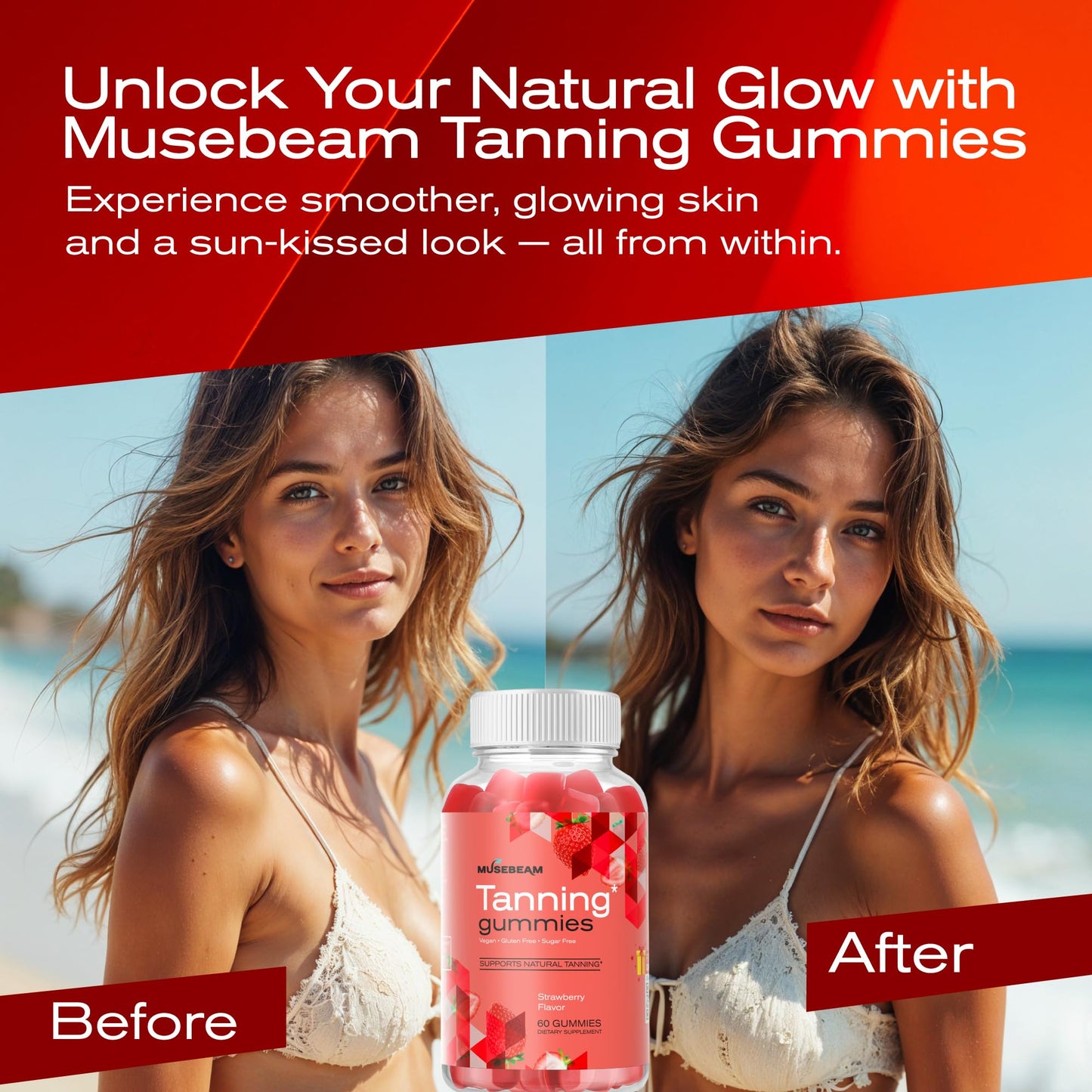 MuseBeam Tanning Gummies for Women – Sunless Self Tan, Strawberry Flavor, Sugar Free, Vegan