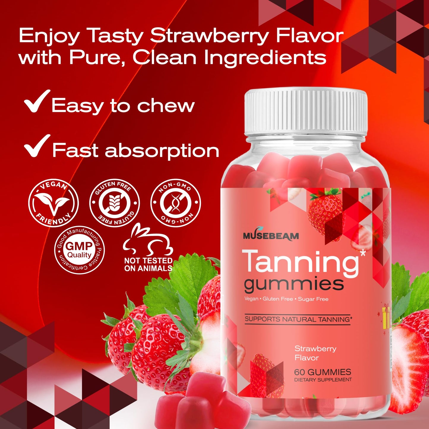 MuseBeam Tanning Gummies for Women – Sunless Self Tan, Strawberry Flavor, Sugar Free, Vegan
