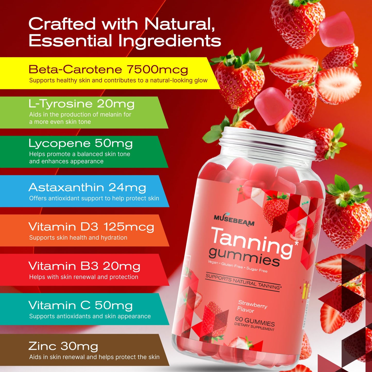 MuseBeam Tanning Gummies for Women – Sunless Self Tan, Strawberry Flavor, Sugar Free, Vegan