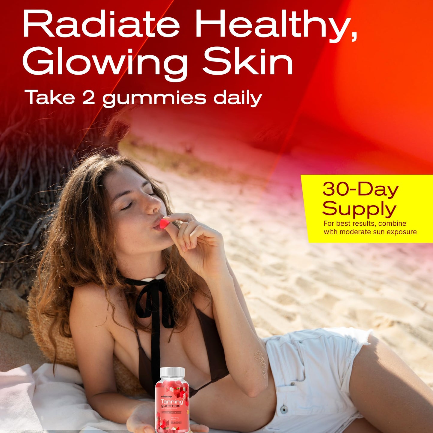 MuseBeam Tanning Gummies for Women – Sunless Self Tan, Strawberry Flavor, Sugar Free, Vegan