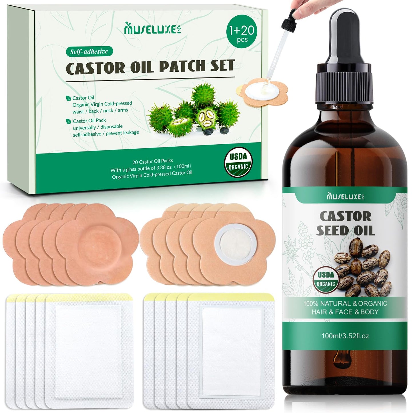 MuseLuxe 21-Piece Castor Oil Pack Wrap – Organic Cold-Pressed Kit