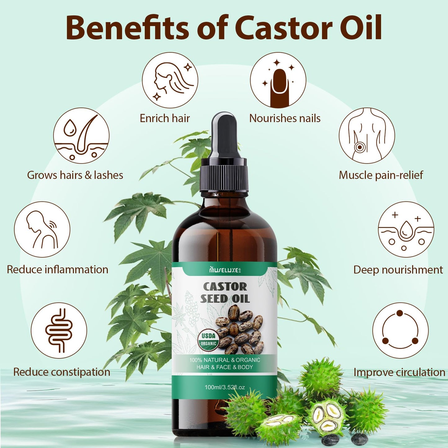 MuseLuxe 21-Piece Castor Oil Pack Wrap – Organic Cold-Pressed Kit