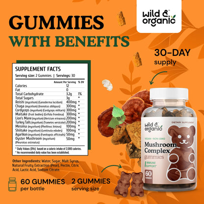 Wild & Organic Mushroom Gummies - 10-in-1 Complex | Immune & Brain Support – 60 Count