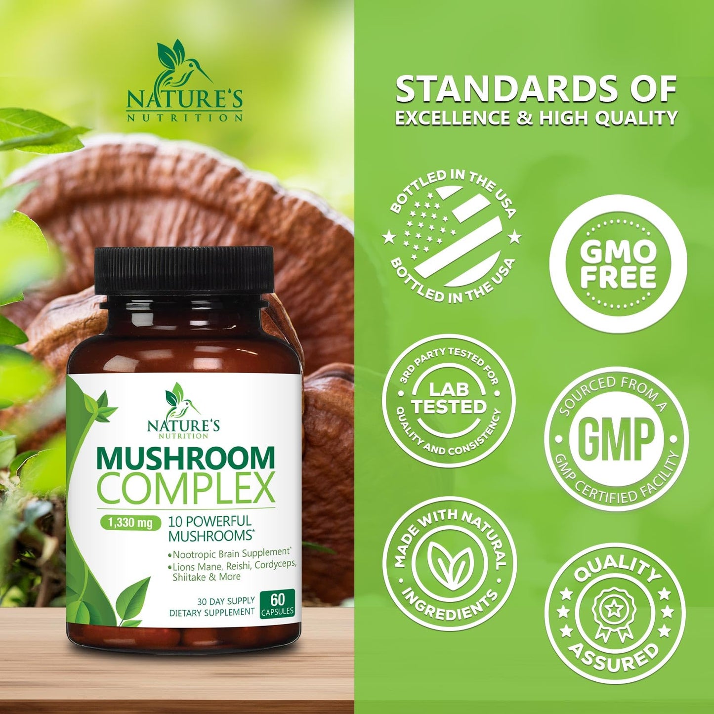 Mushroom Brain Supplement 1330 mg – 10 in 1 High Strength Complex (60 Capsules) | Lions Mane, Reishi, Cordyceps