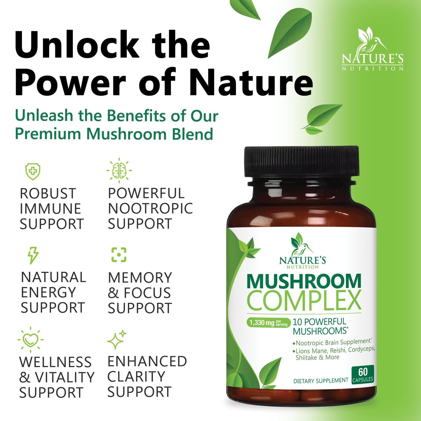 Mushroom Brain Supplement 1330 mg – 10 in 1 High Strength Complex (60 Capsules) | Lions Mane, Reishi, Cordyceps