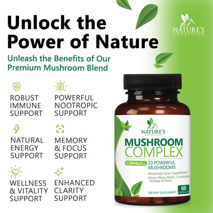 Mushroom Brain Supplement 1330 mg – 10 in 1 High Strength Complex (60 Capsules) | Lions Mane, Reishi, Cordyceps