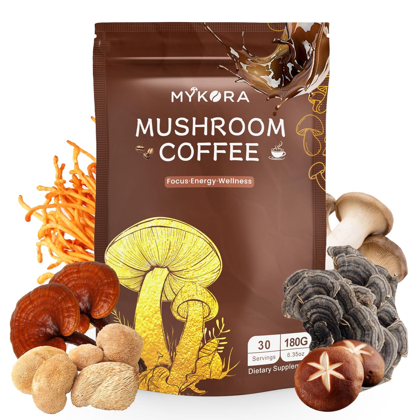 Mushroom Coffee 2000mg – Organic Instant Coffee with 6 Adaptogenic Mushrooms (Lion’s Mane & Turkey Tail), 30 Servings