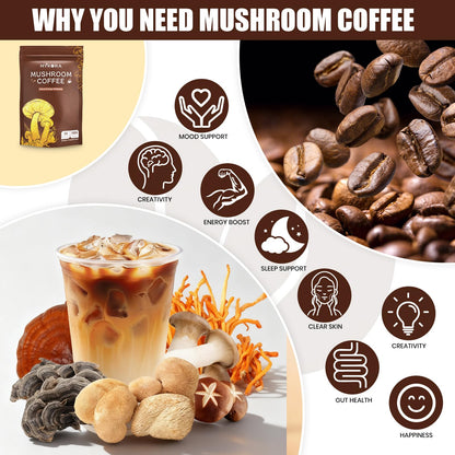 Mushroom Coffee 2000mg – Organic Instant Coffee with 6 Adaptogenic Mushrooms (Lion’s Mane & Turkey Tail), 30 Servings