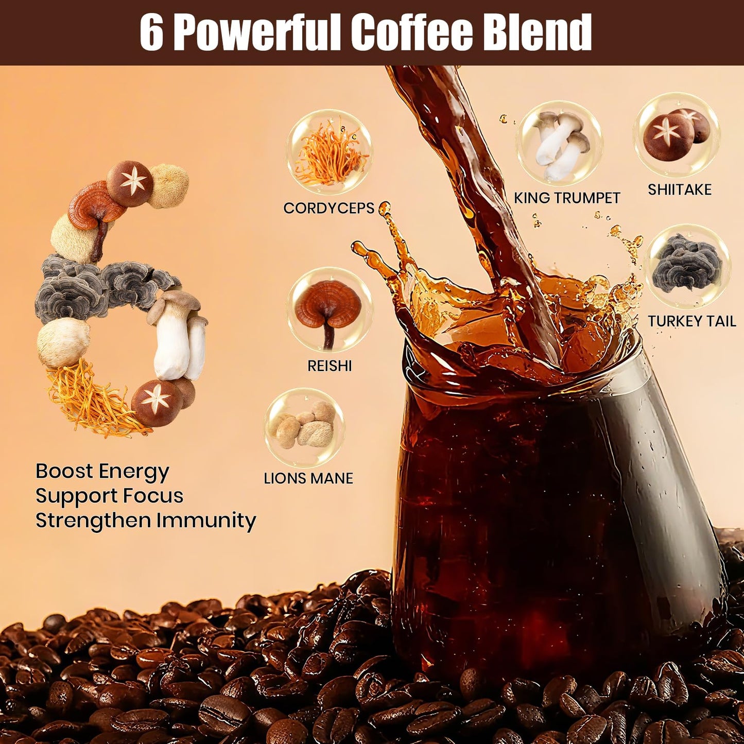 Mushroom Coffee 2000mg – Organic Instant Coffee with 6 Adaptogenic Mushrooms (Lion’s Mane & Turkey Tail), 30 Servings