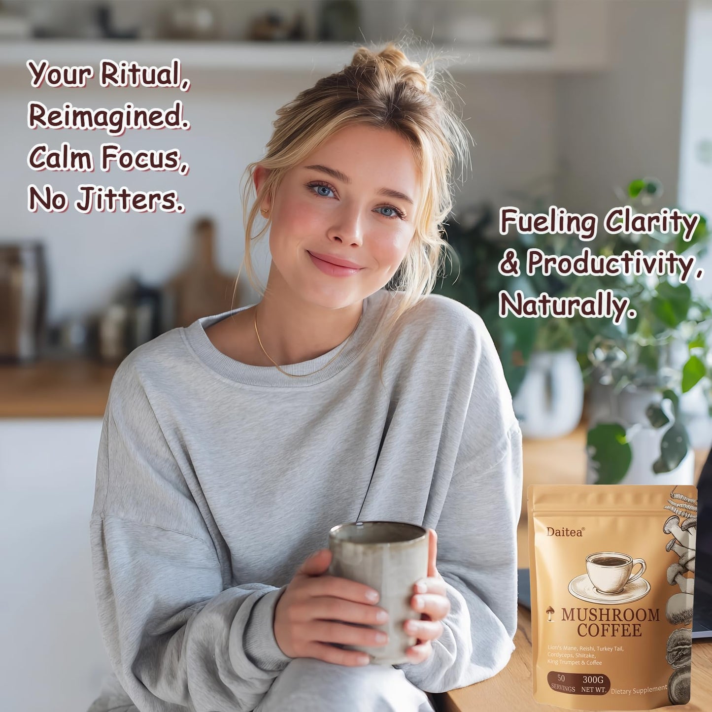 Mushroom Coffee – Adaptogenic Blend with Lion’s Mane, Reishi, Cordyceps, Shiitake, Turkey Tail & King Trumpet | 10.58 oz | 50 Servings