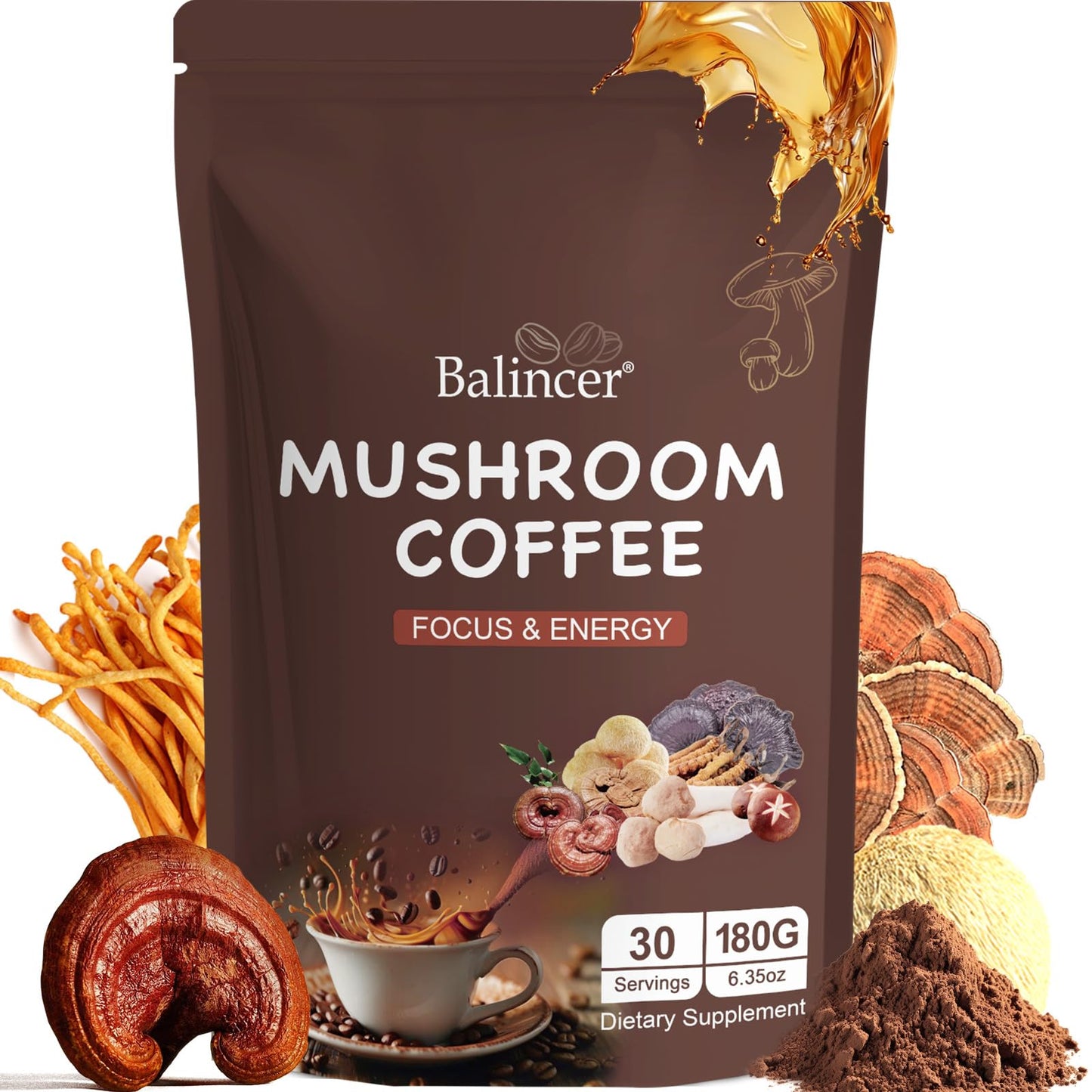 Mushroom Coffee with 6 Adaptogenic Mushrooms – Focus, Energy, Immunity & Gut Health (30 Servings)