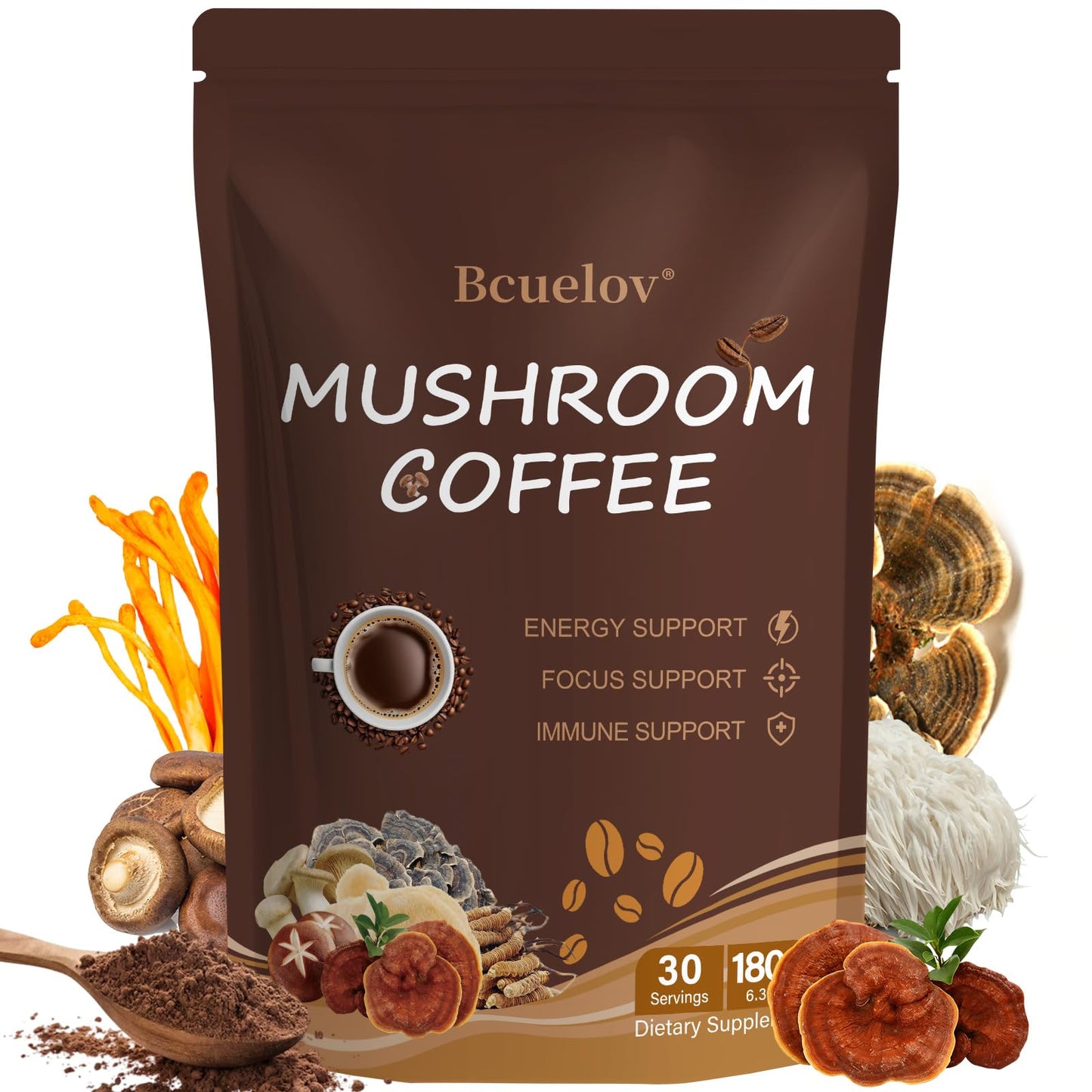 Mushroom Coffee with 6 Adaptogenic Mushrooms & MCT Oil – 30 Servings