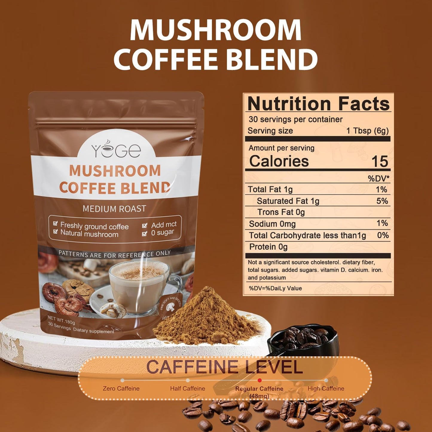 Mushroom Coffee with 6 Mushrooms (Cordyceps, Reishi, Lion's Mane, Shiitake, Turkey Tail, King Trumpet) – Instant Coffee Powder for Energy, Focus & Immune Support | 30 Servings