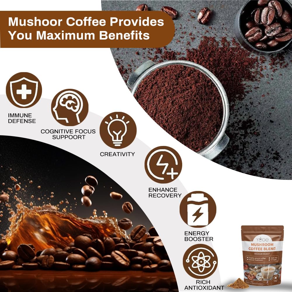 Mushroom Coffee with 6 Mushrooms (Cordyceps, Reishi, Lion's Mane, Shiitake, Turkey Tail, King Trumpet) – Instant Coffee Powder for Energy, Focus & Immune Support | 30 Servings