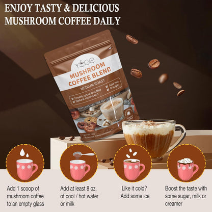 Mushroom Coffee with 6 Mushrooms (Cordyceps, Reishi, Lion's Mane, Shiitake, Turkey Tail, King Trumpet) – Instant Coffee Powder for Energy, Focus & Immune Support | 30 Servings