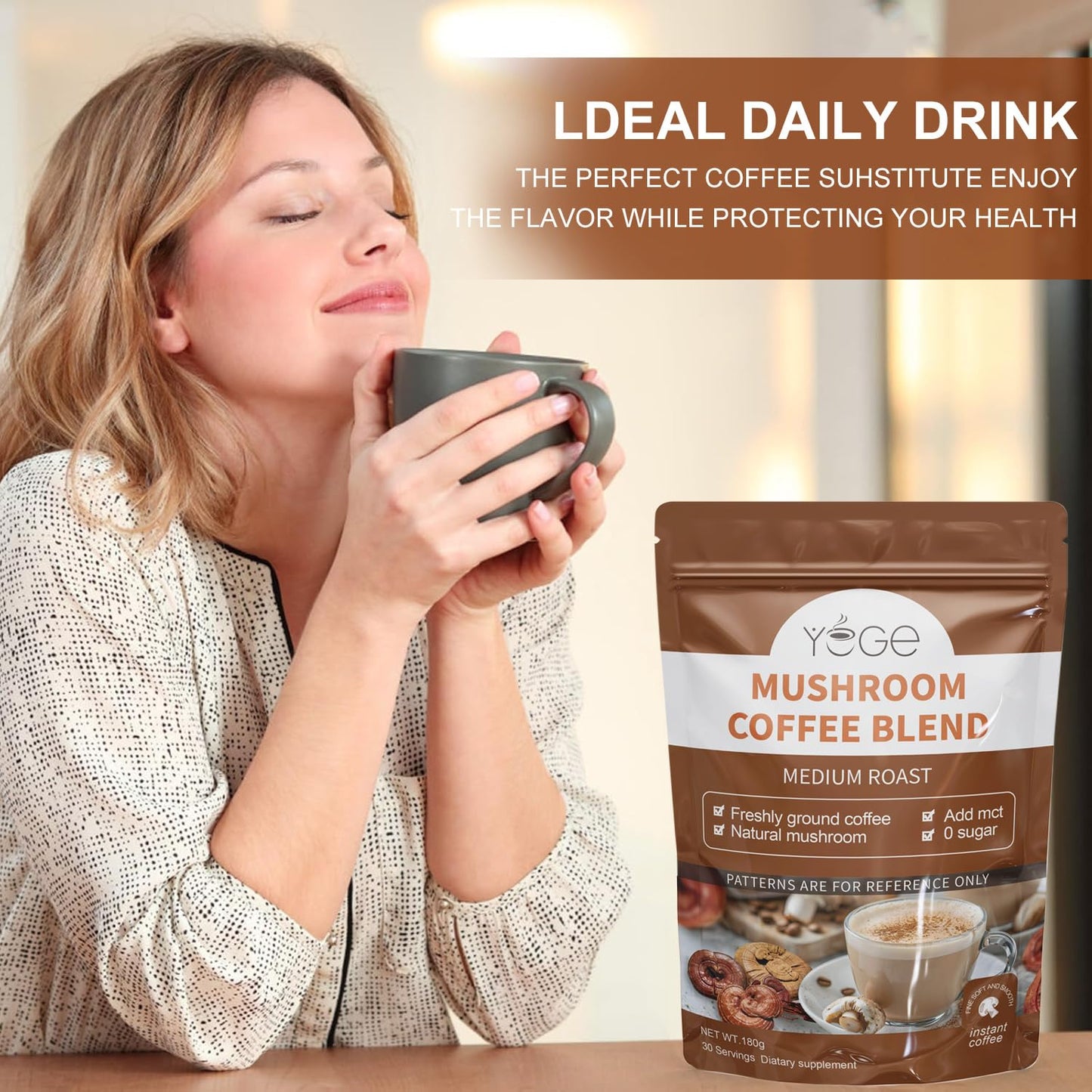 Mushroom Coffee with 6 Mushrooms (Cordyceps, Reishi, Lion's Mane, Shiitake, Turkey Tail, King Trumpet) – Instant Coffee Powder for Energy, Focus & Immune Support | 30 Servings