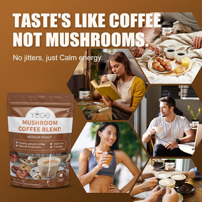 Mushroom Coffee with 6 Mushrooms (Cordyceps, Reishi, Lion's Mane, Shiitake, Turkey Tail, King Trumpet) – Instant Coffee Powder for Energy, Focus & Immune Support | 30 Servings