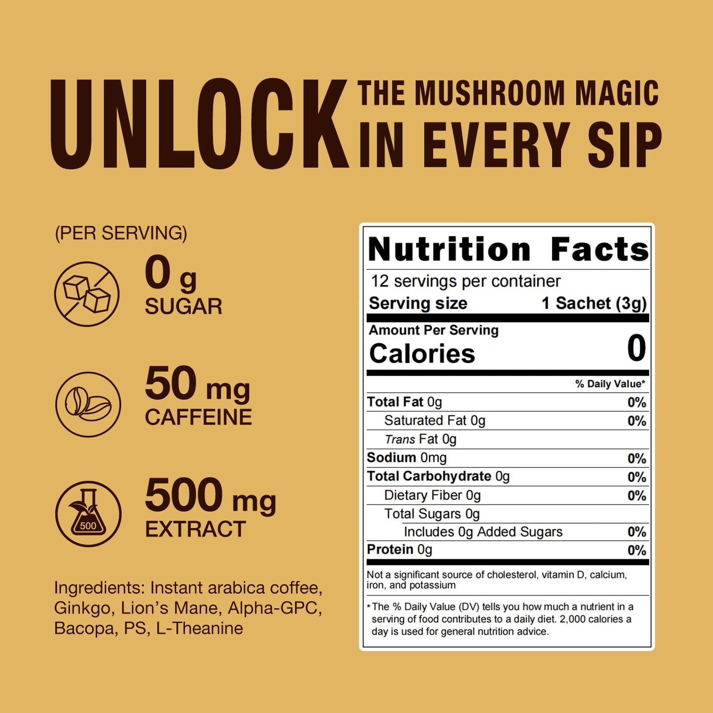 Mushroom Coffee Mix 7 in 1, with Ginkgo, Lions Mane, Alpha-GPC, Bacopa, PS, L-Theanine – 12 Sachets