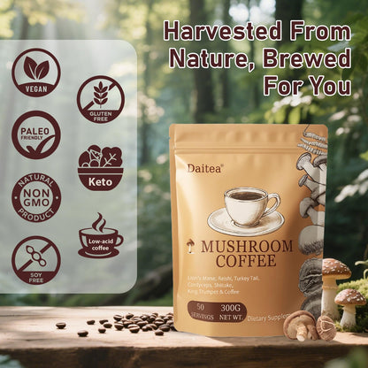 Mushroom Coffee – Adaptogenic Blend with Lion’s Mane, Reishi, Cordyceps, Shiitake, Turkey Tail & King Trumpet | 10.58 oz | 50 Servings