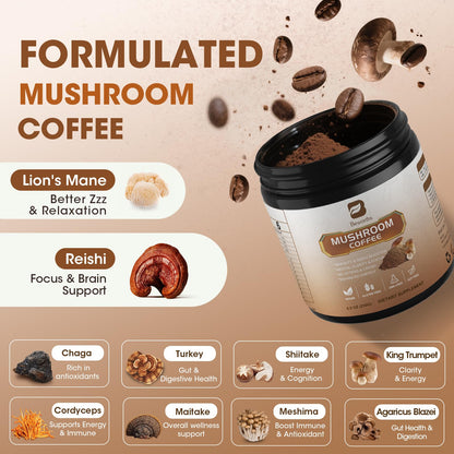 250g Mushroom Coffee - Lion's Mane, Reishi, Cordyceps & 10-Mushroom Power Blend | Low-Caffeine Brain Booster