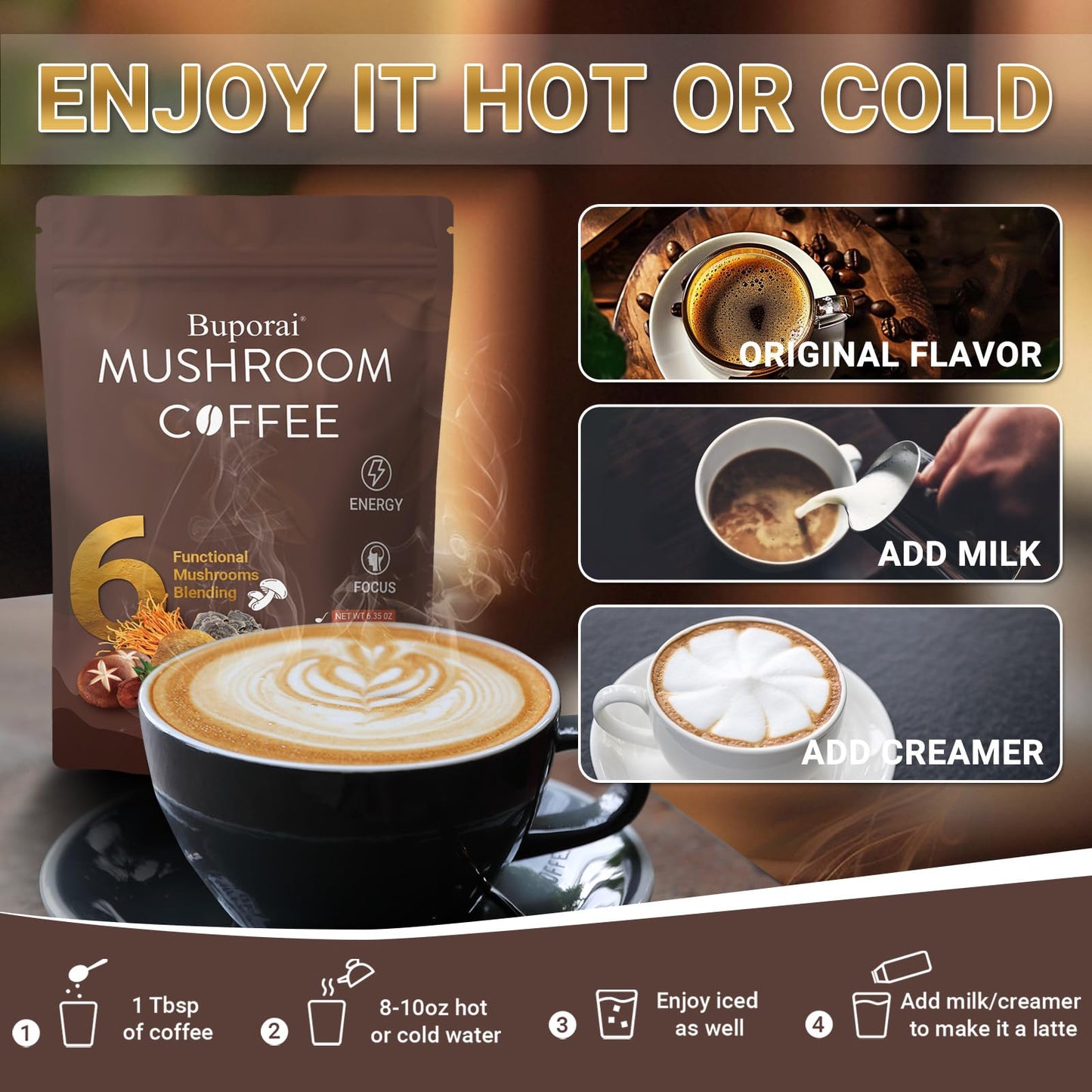 Mushroom Coffee with 6 Mushrooms – Lion’s Mane, Cordyceps, Immunity
