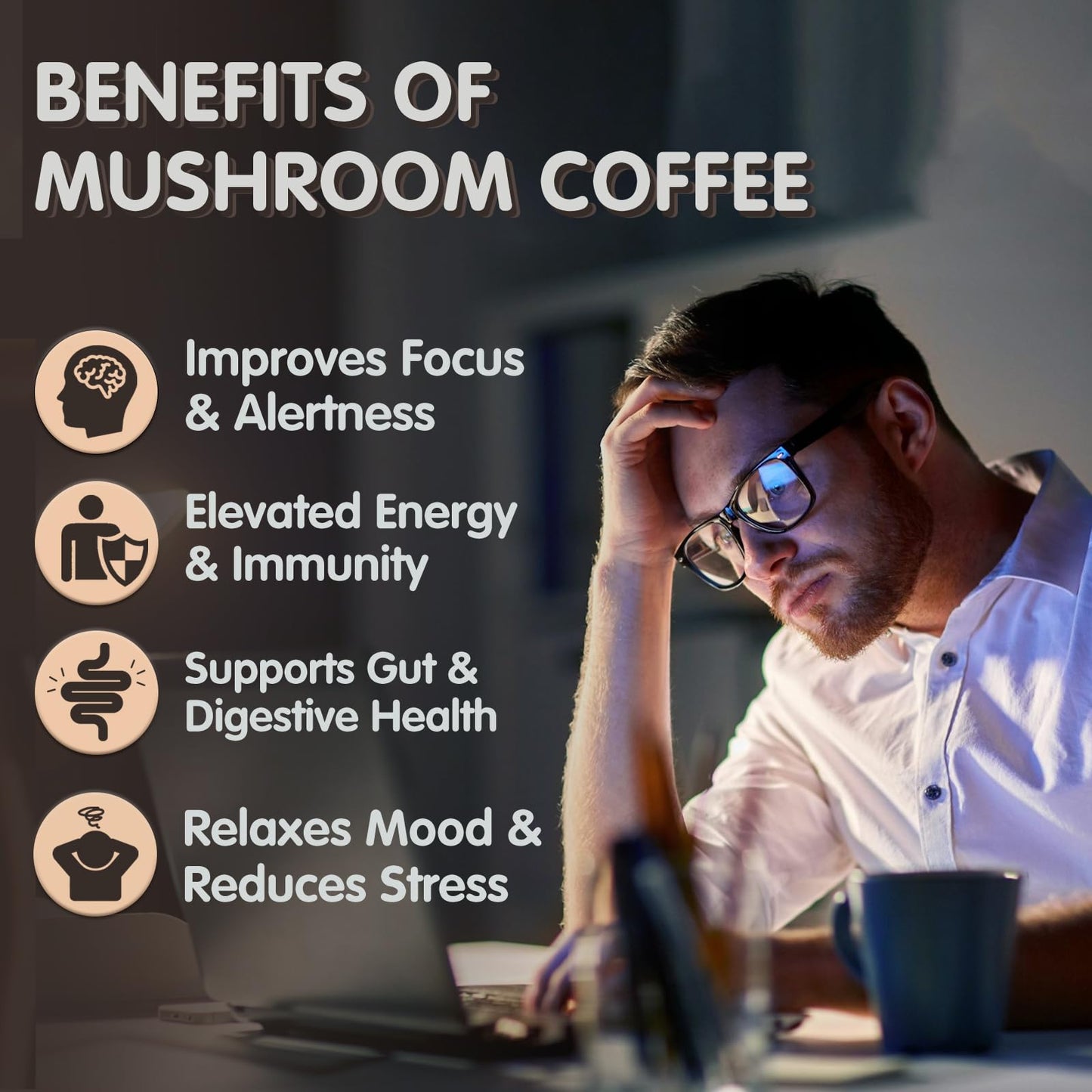 Mushroom Coffee with 6 Adaptogenic Mushrooms – Focus, Energy, Immunity & Gut Health (30 Servings)