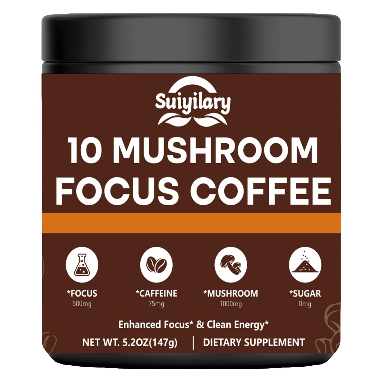 Mushroom Coffee with Focus - 10-Mushroom Extract Blend (147g, 21 Servings) | Lion's Mane