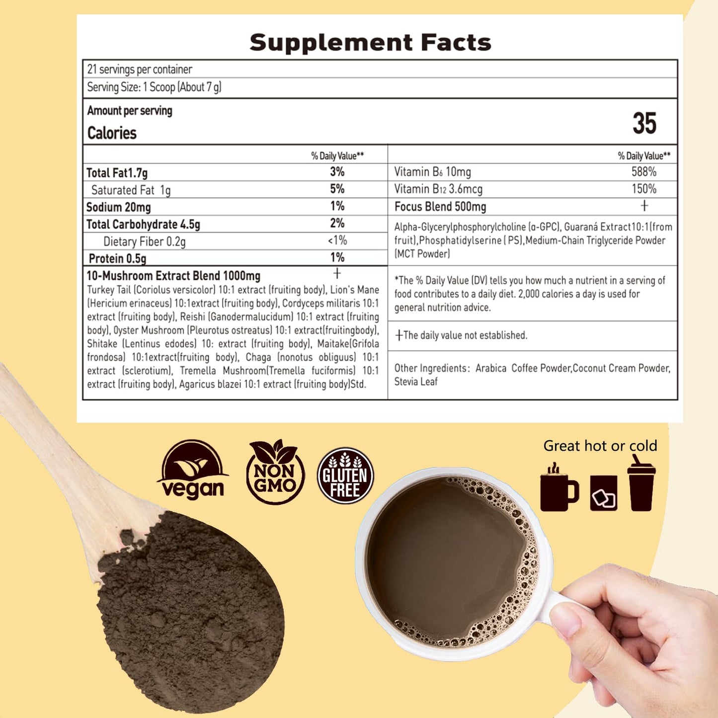 Mushroom Coffee with Focus - 10-Mushroom Extract Blend (147g, 21 Servings) | Lion's Mane