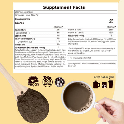 Mushroom Coffee with Focus - 10-Mushroom Extract Blend (147g, 21 Servings) | Lion's Mane