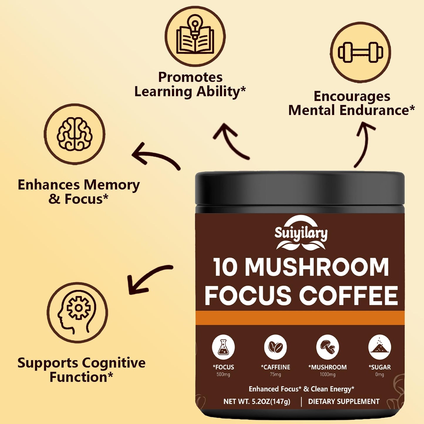 Mushroom Coffee with Focus - 10-Mushroom Extract Blend (147g, 21 Servings) | Lion's Mane