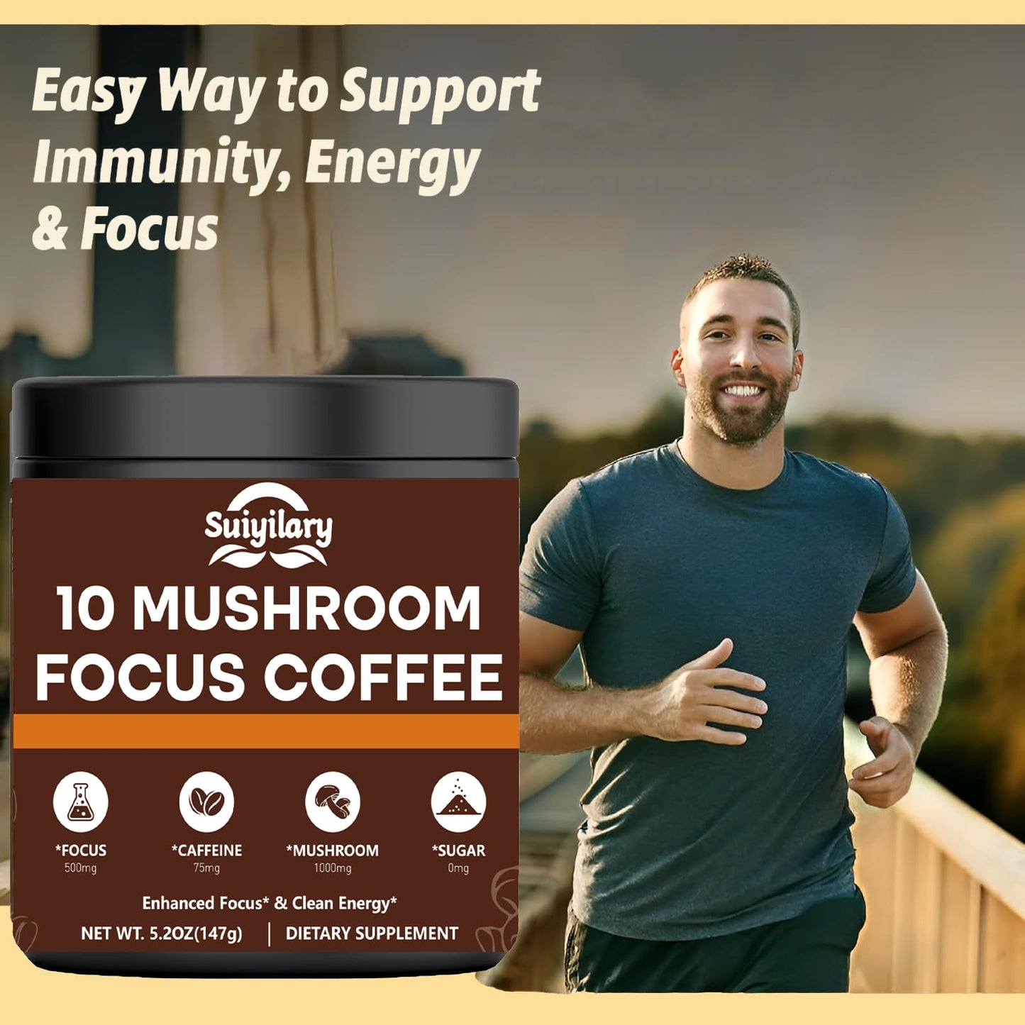 Mushroom Coffee with Focus - 10-Mushroom Extract Blend (147g, 21 Servings) | Lion's Mane