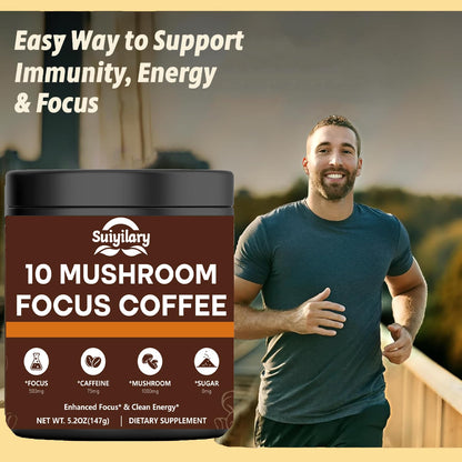 Mushroom Coffee with Focus - 10-Mushroom Extract Blend (147g, 21 Servings) | Lion's Mane