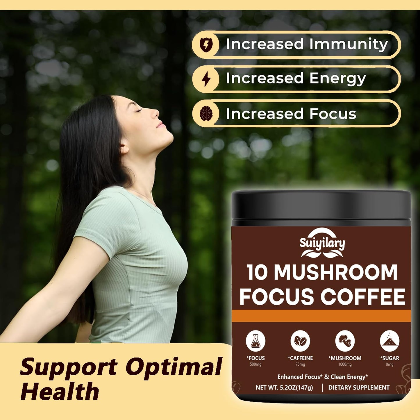 Mushroom Coffee with Focus - 10-Mushroom Extract Blend (147g, 21 Servings) | Lion's Mane