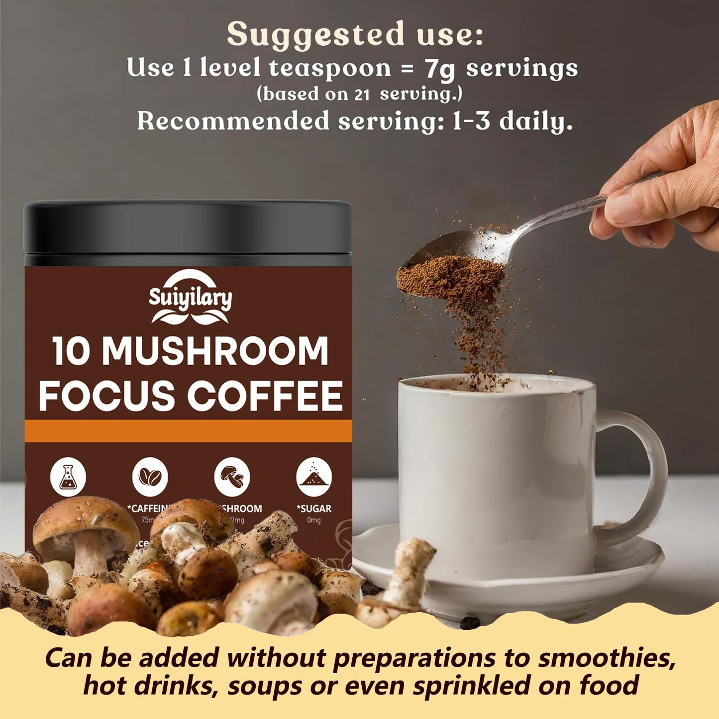 Mushroom Coffee with Focus - 10-Mushroom Extract Blend (147g, 21 Servings) | Lion's Mane